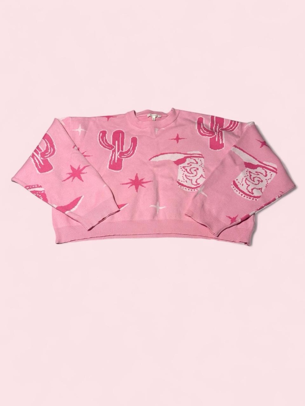 Pink Cropped Cactus & Western Cowgirl boots Motif Crewneck Sweater